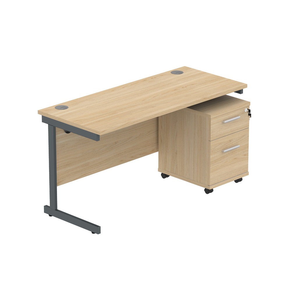 Core|Single Upright|Rectangular Desk With 2 Drawer Mobile Under Desk Pedestal|1400X600|Canadian Oak-Graphite