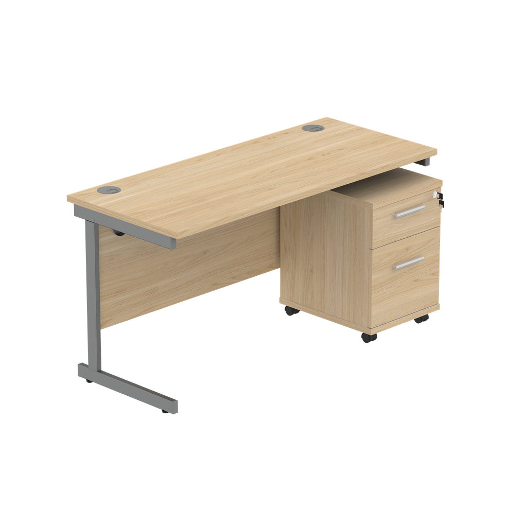 Single Upright Rectangular Desk + 2 Drawer Mobile Under Desk Pedestal (fsc) | 1400 X 600 | Canadian Oak/Graphite