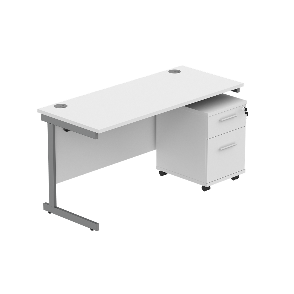 Single Upright Rectangular Desk + 2 Drawer Mobile Under Desk Pedestal (fsc) | 1400 X 600 | Arctic White/Graphite