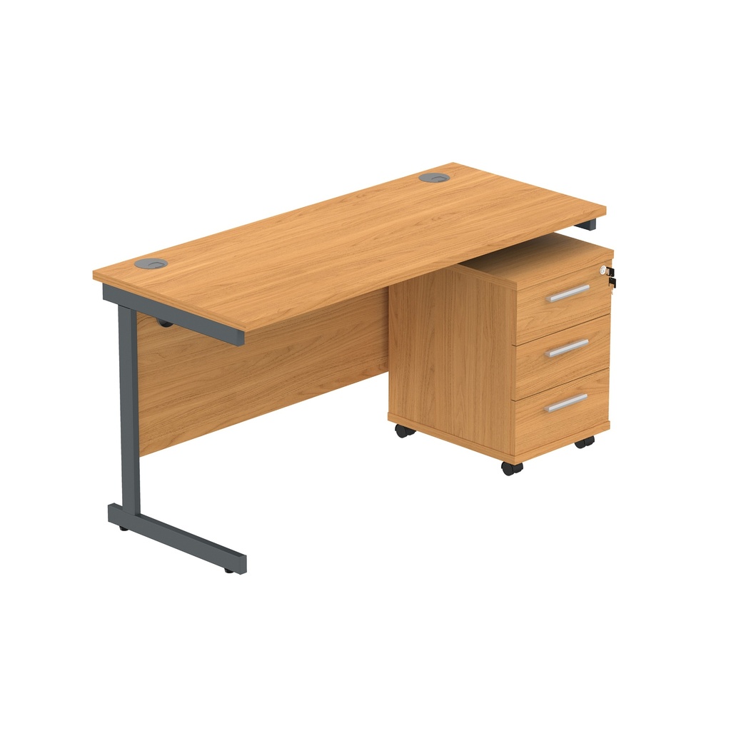 Core|Single Upright|Rectangular Desk With 3 Drawer Mobile Under Desk Pedestal|1400X600|Norwegian Beech-Graphite