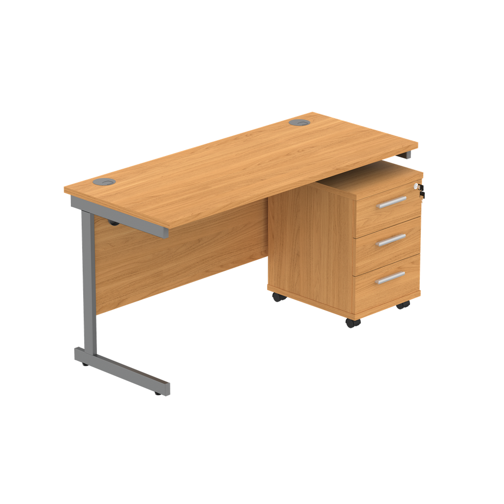 Single Upright Rectangular Desk + 3 Drawer Mobile Under Desk Pedestal (fsc) | 1400 X 600 | Norwegian Beech/Graphite