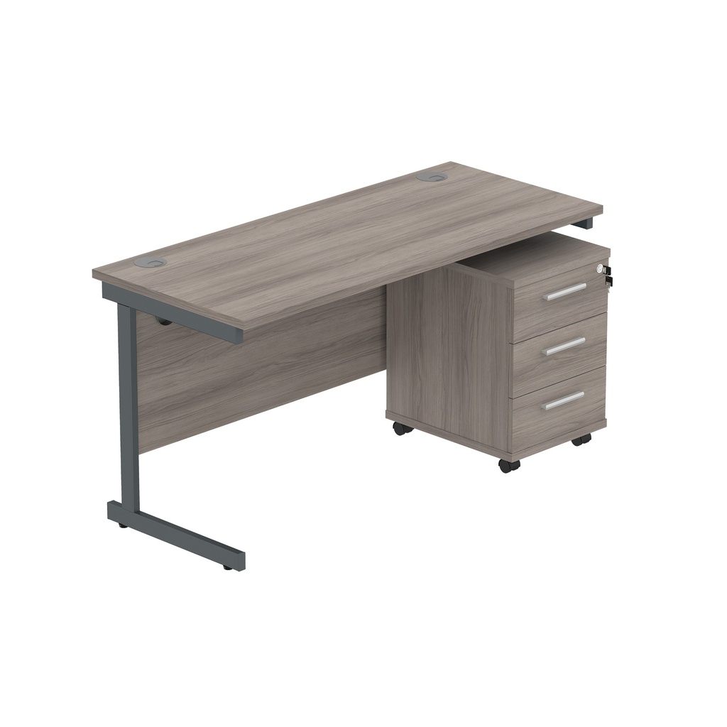 Core|Single Upright|Rectangular Desk With 3 Drawer Mobile Under Desk Pedestal|1400X600|Alaskan Grey Oak-Graphite