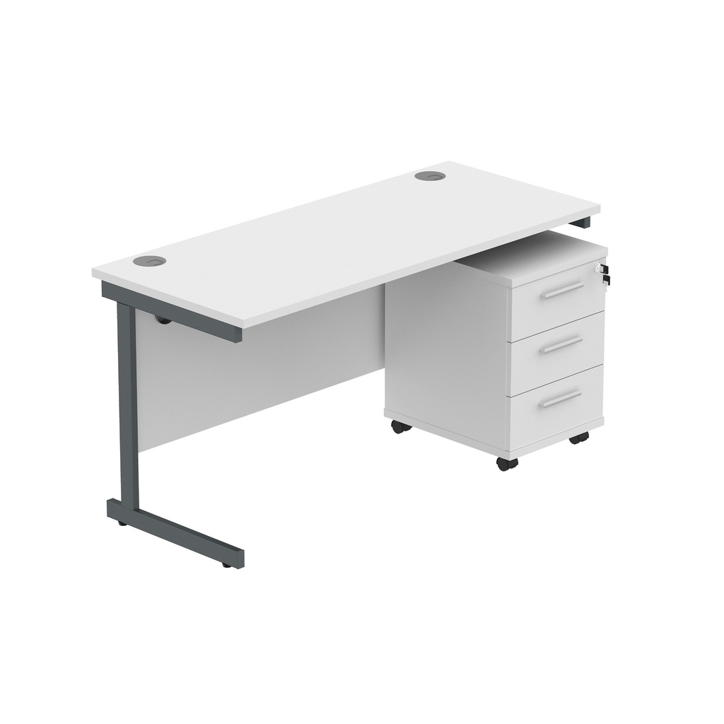 Single Upright Rectangular Desk + 3 Drawer Mobile Under Desk Pedestal (fsc) | 1400 X 600 | Arctic White/Graphite