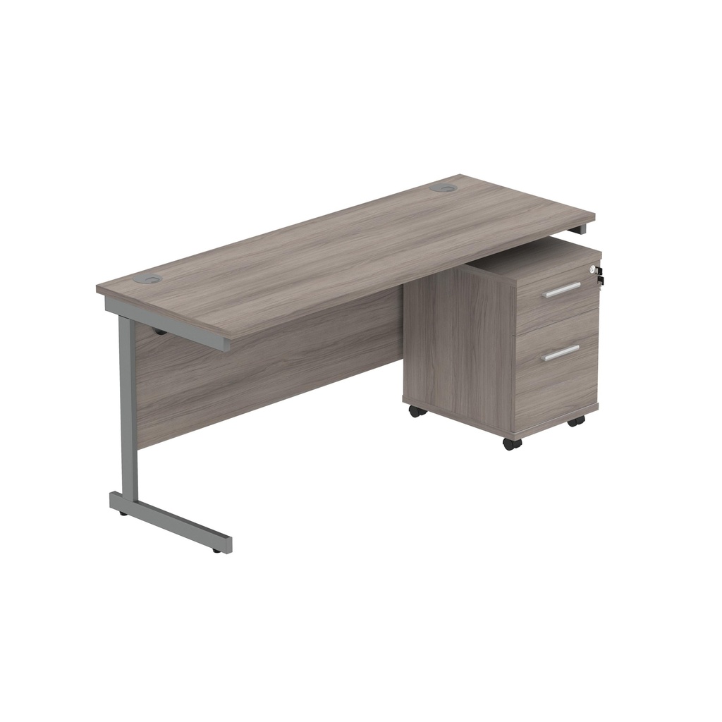 Single Upright Rectangular Desk + 2 Drawer Mobile Under Desk Pedestal (fsc) | 1600 X 600 | Alaskan Grey Oak/Graphite
