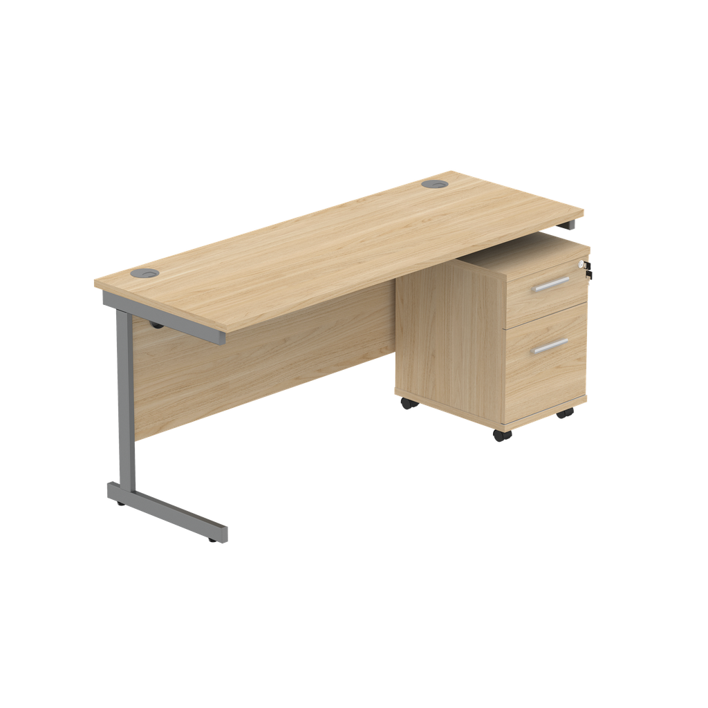 Single Upright Rectangular Desk + 2 Drawer Mobile Under Desk Pedestal (fsc) | 1600 X 600 | Canadian Oak/Graphite