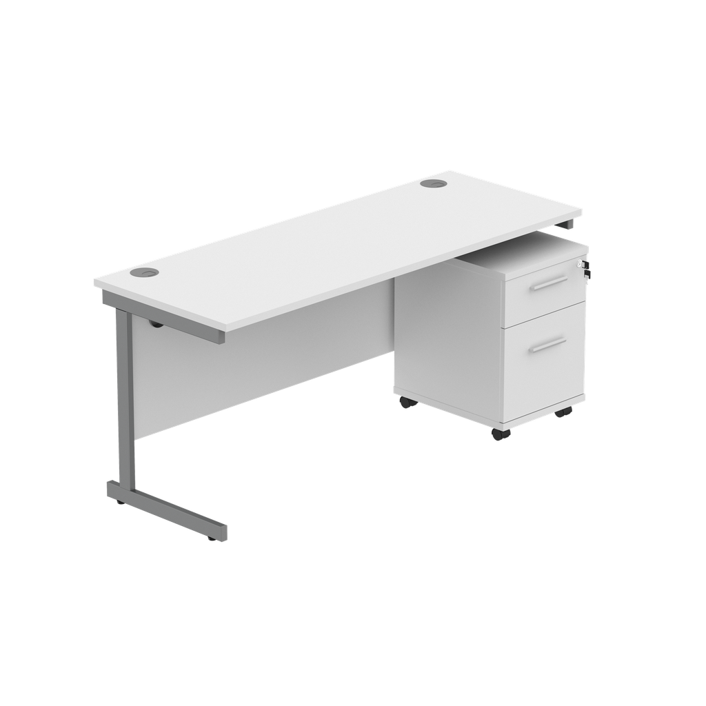 Single Upright Rectangular Desk + 2 Drawer Mobile Under Desk Pedestal (fsc) | 1600 X 600 | Arctic White/Graphite