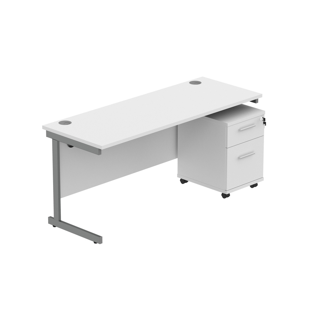 Single Upright Rectangular Desk + 2 Drawer Mobile Under Desk Pedestal (fsc) | 1600 X 600 | Arctic White/Graphite