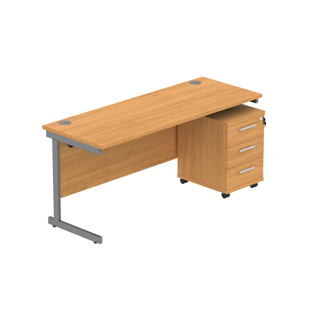 Single Upright Rectangular Desk + 3 Drawer Mobile Under Desk Pedestal (fsc) | 1600 X 600 | Norwegian Beech/Graphite