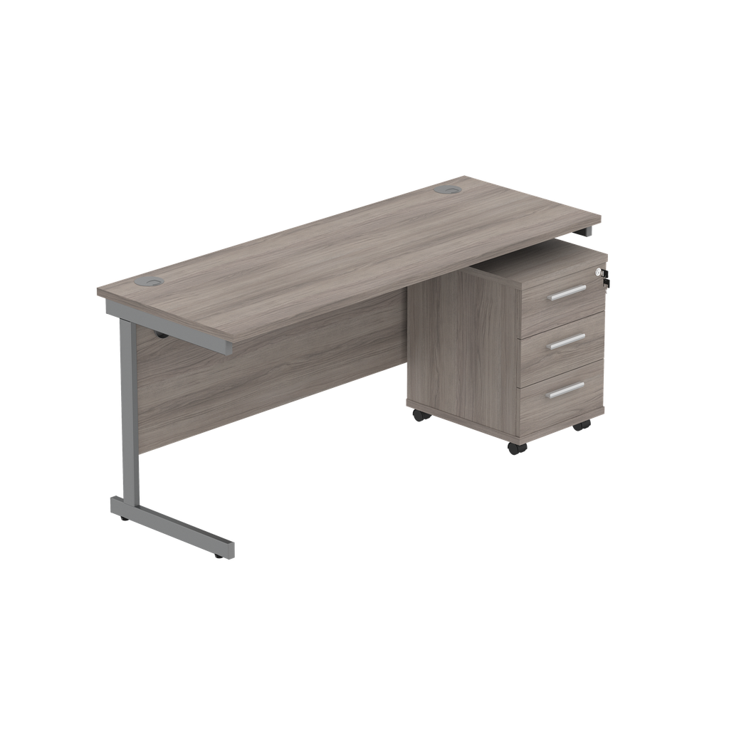 Single Upright Rectangular Desk + 3 Drawer Mobile Under Desk Pedestal (fsc) | 1600 X 600 | Alaskan Grey Oak/Graphite