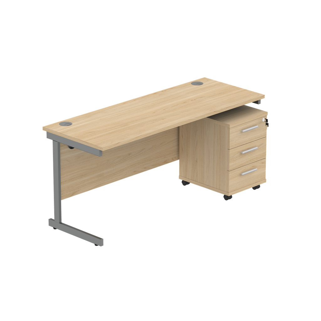 Single Upright Rectangular Desk + 3 Drawer Mobile Under Desk Pedestal (fsc) | 1600 X 600 | Canadian Oak/Graphite