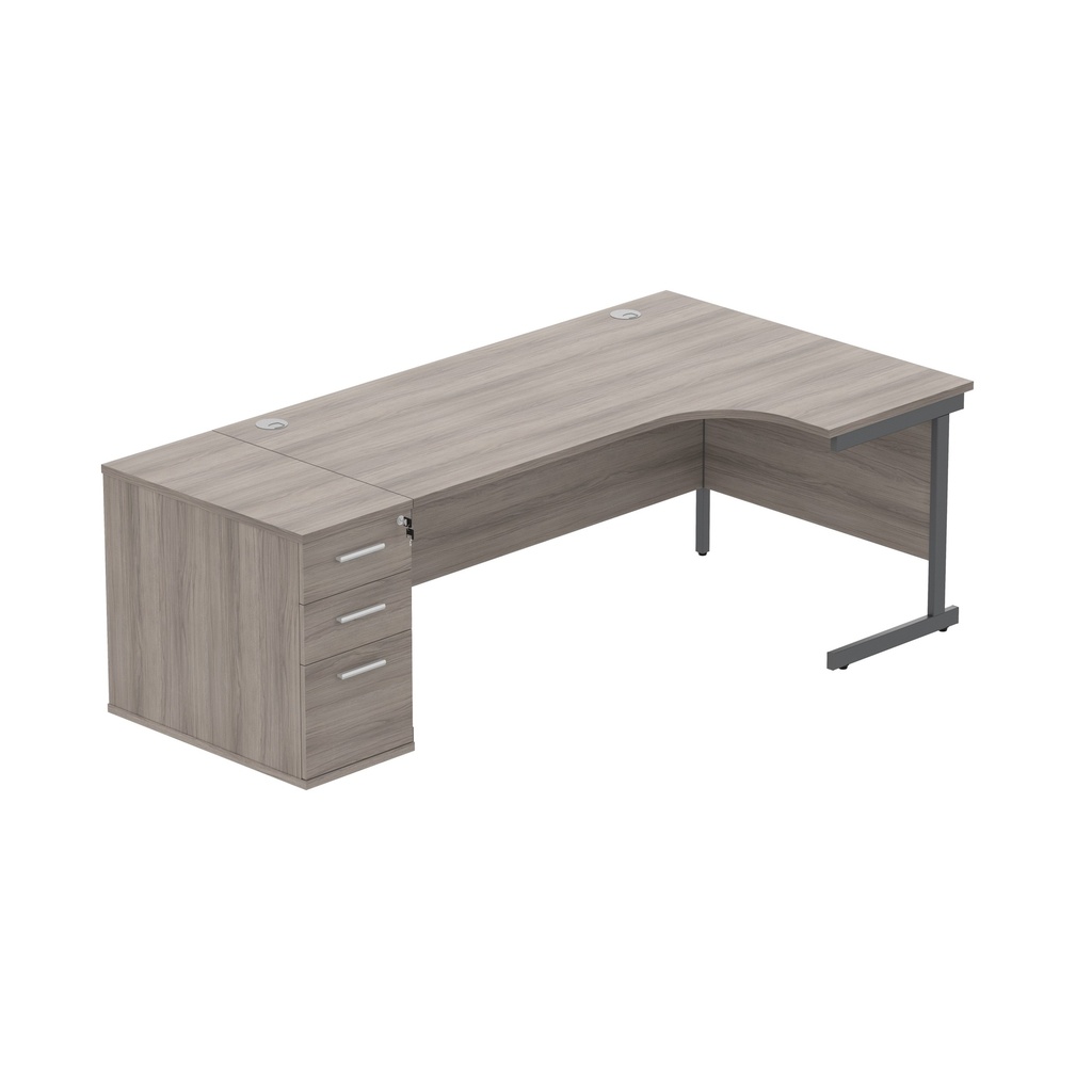 Single Upright Right Hand Radial Desk + Desk High Pedestal (fsc) | 600Mm Deep Pedestal | 1800 X 1200 | Alaskan Grey Oak/Graphite