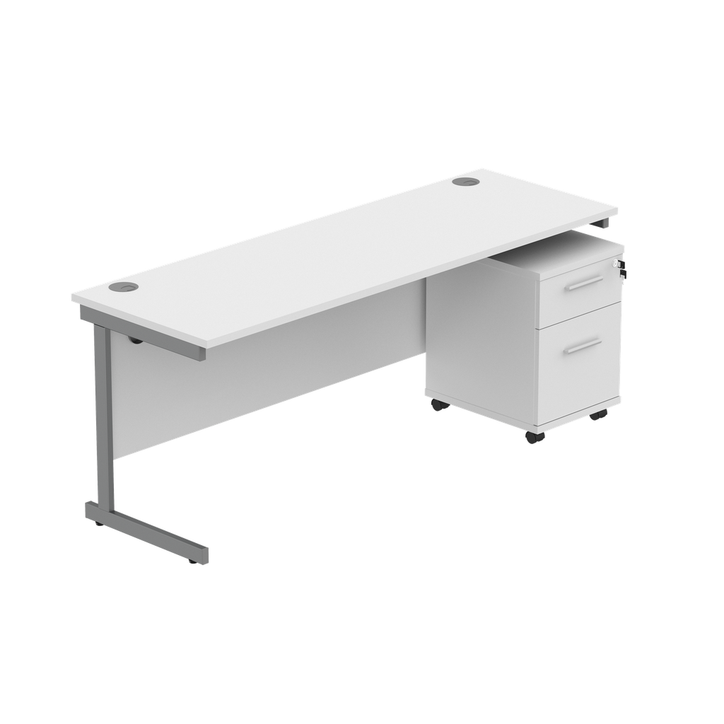 Single Upright Rectangular Desk + 2 Drawer Mobile Under Desk Pedestal (fsc) | 1800 X 600 | Arctic White/Graphite