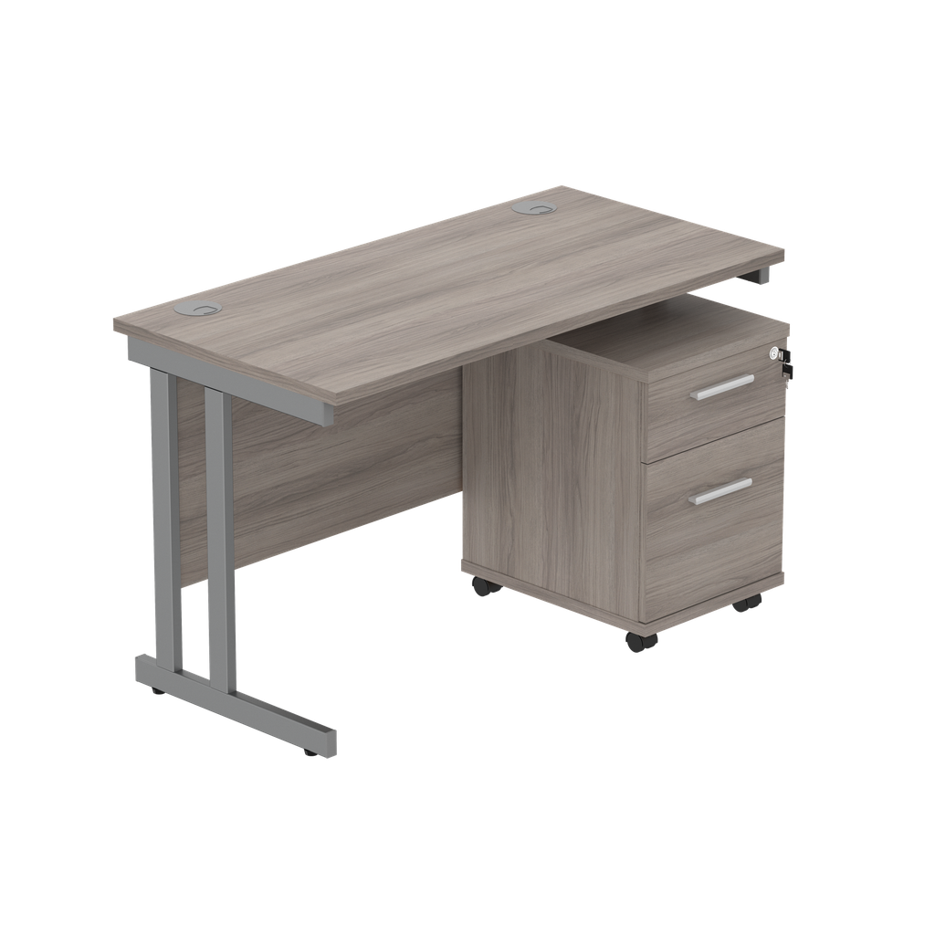Double Upright Rectangular Desk + 2 Drawer Mobile Under Desk Pedestal (FSC) | 1200X600 | Alaskan Grey Oak/Graphite