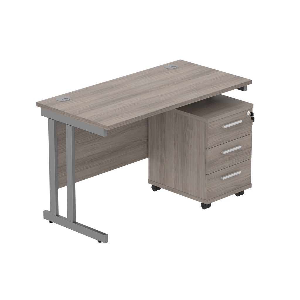 Double Upright Rectangular Desk + 3 Drawer Mobile Under Desk Pedestal (FSC) | 1200X600 | Alaskan Grey Oak/Graphite