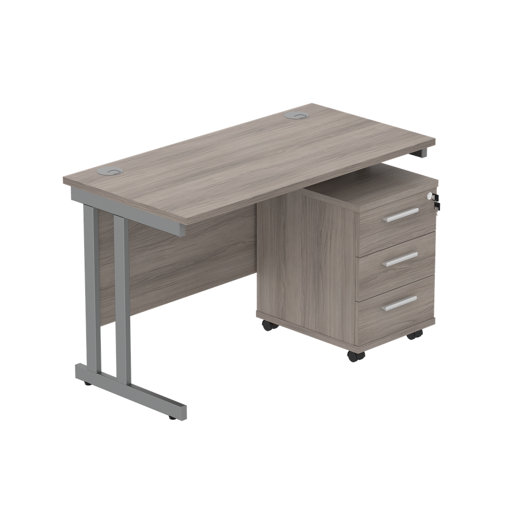 Double Upright Rectangular Desk + 3 Drawer Mobile Under Desk Pedestal (FSC) | 1200X600 | Alaskan Grey Oak/Graphite