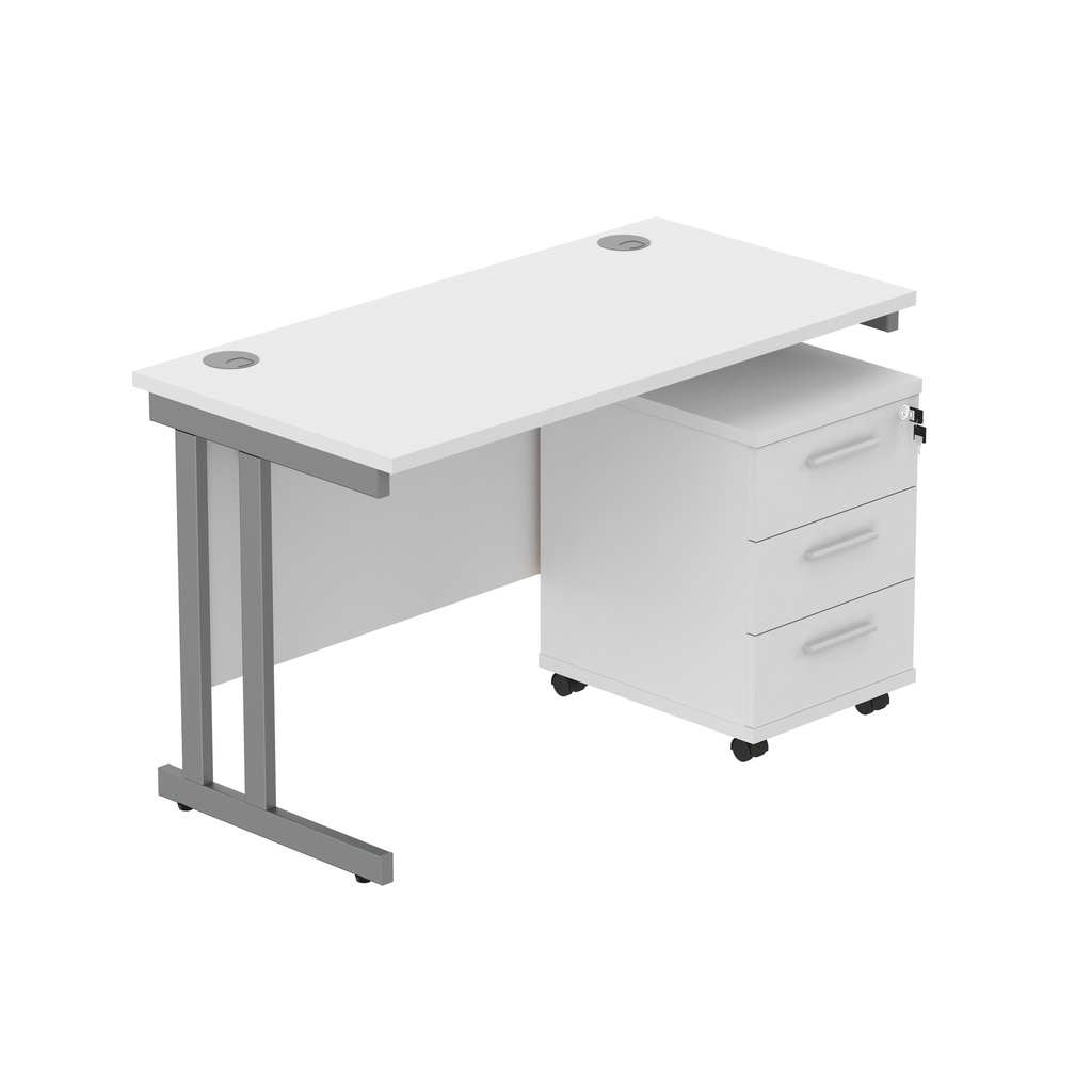 Double Upright Rectangular Desk + 3 Drawer Mobile Under Desk Pedestal (FSC) | 1200X600 | Arctic White/Graphite