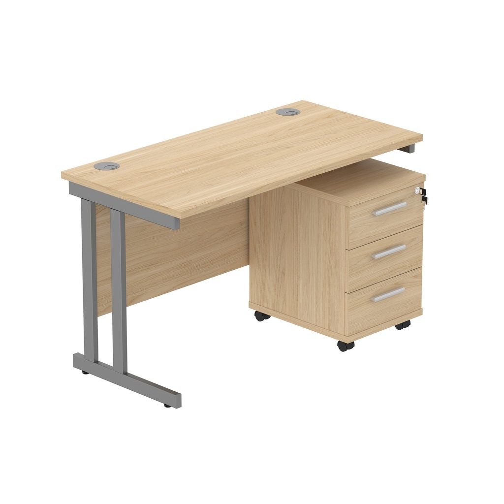 Double Upright Rectangular Desk + 3 Drawer Mobile Under Desk Pedestal (FSC) | 1200X600 | Canadian Oak/Graphite