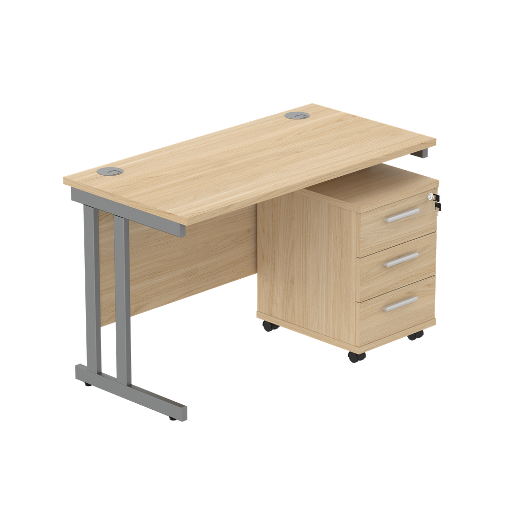 Double Upright Rectangular Desk + 3 Drawer Mobile Under Desk Pedestal (FSC) | 1200X600 | Canadian Oak/Graphite
