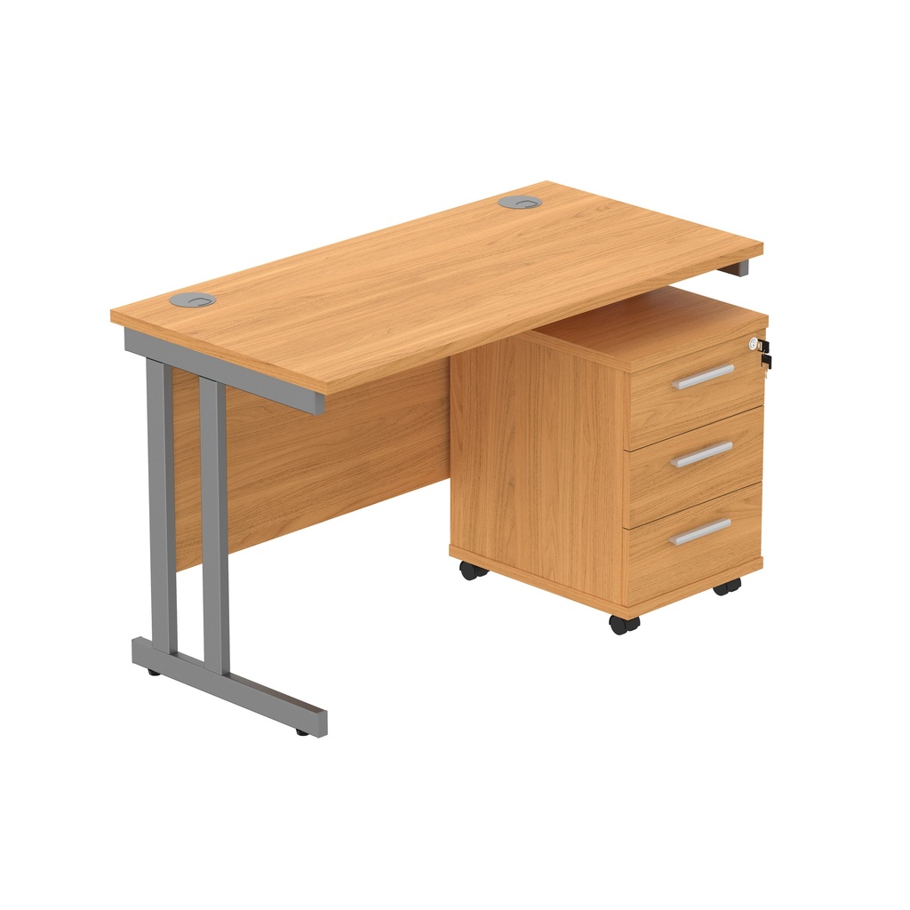 Double Upright Rectangular Desk + 3 Drawer Mobile Under Desk Pedestal (FSC) | 1200X600 | Norwegian Beech/Graphite