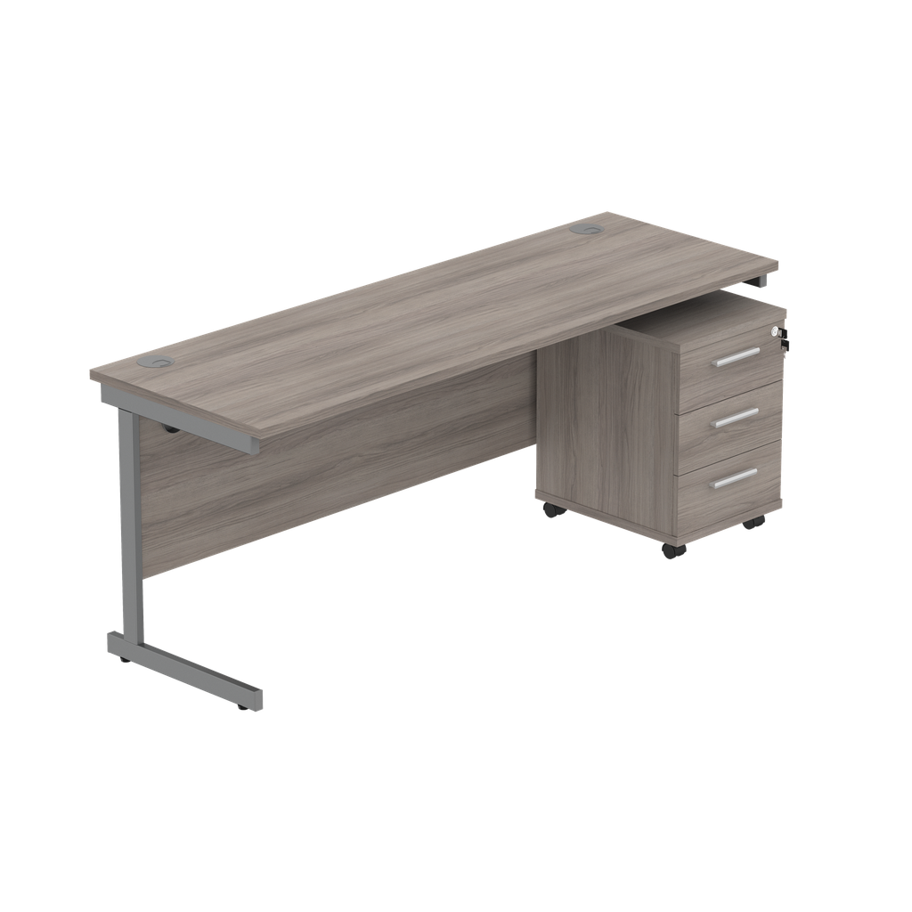 Single Upright Rectangular Desk + 3 Drawer Mobile Under Desk Pedestal (FSC) | 1800 X 600 | Alaskan Grey Oak/Graphite