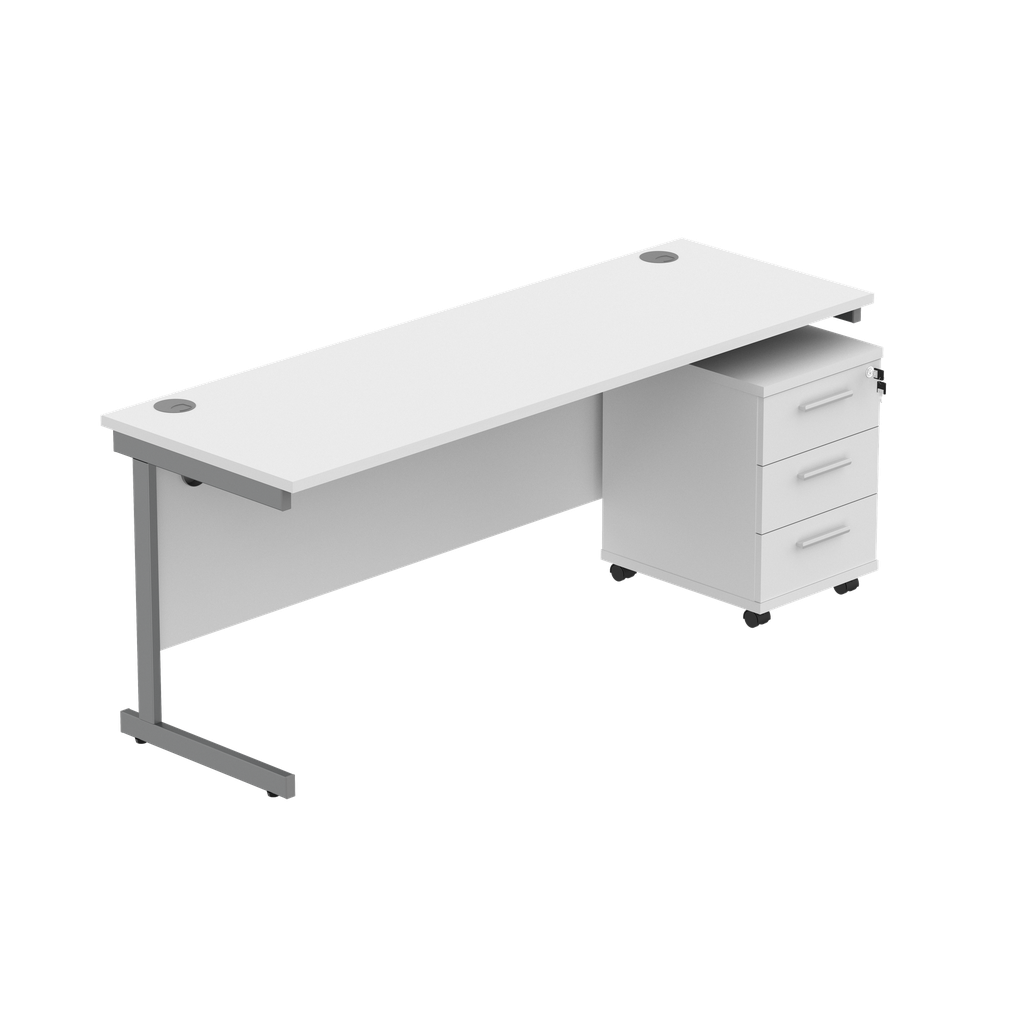 Single Upright Rectangular Desk + 3 Drawer Mobile Under Desk Pedestal (FSC) | 1800 X 600 | Arctic White/Graphite