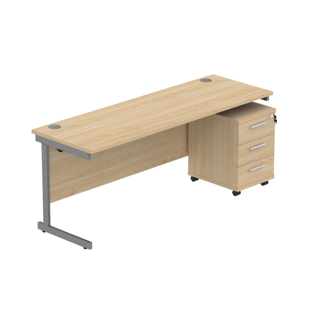 Single Upright Rectangular Desk + 3 Drawer Mobile Under Desk Pedestal (FSC) | 1800 X 600 | Canadian Oak/Graphite