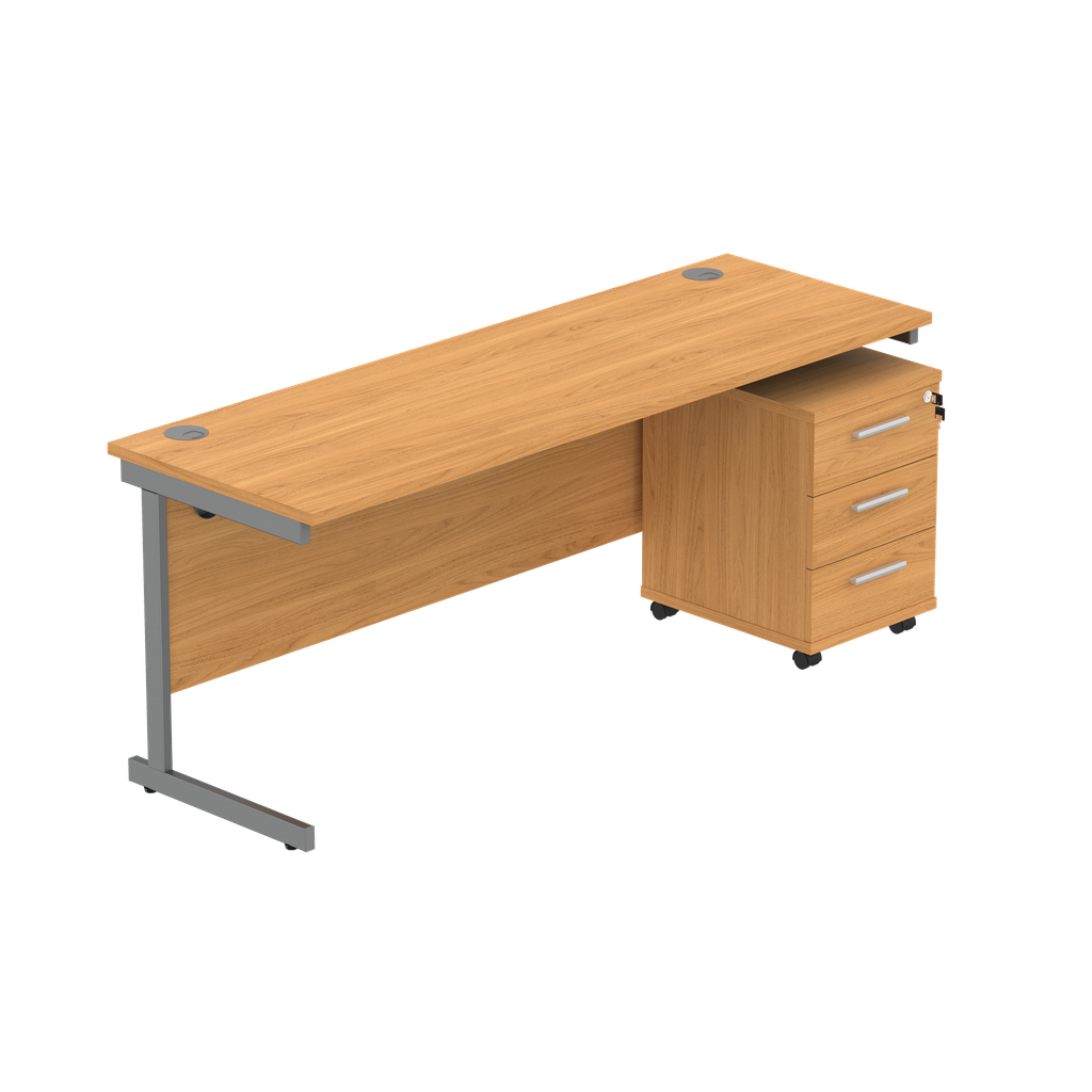 Single Upright Rectangular Desk + 3 Drawer Mobile Under Desk Pedestal (FSC) | 1800 X 600 | Norwegian Beech/Graphite