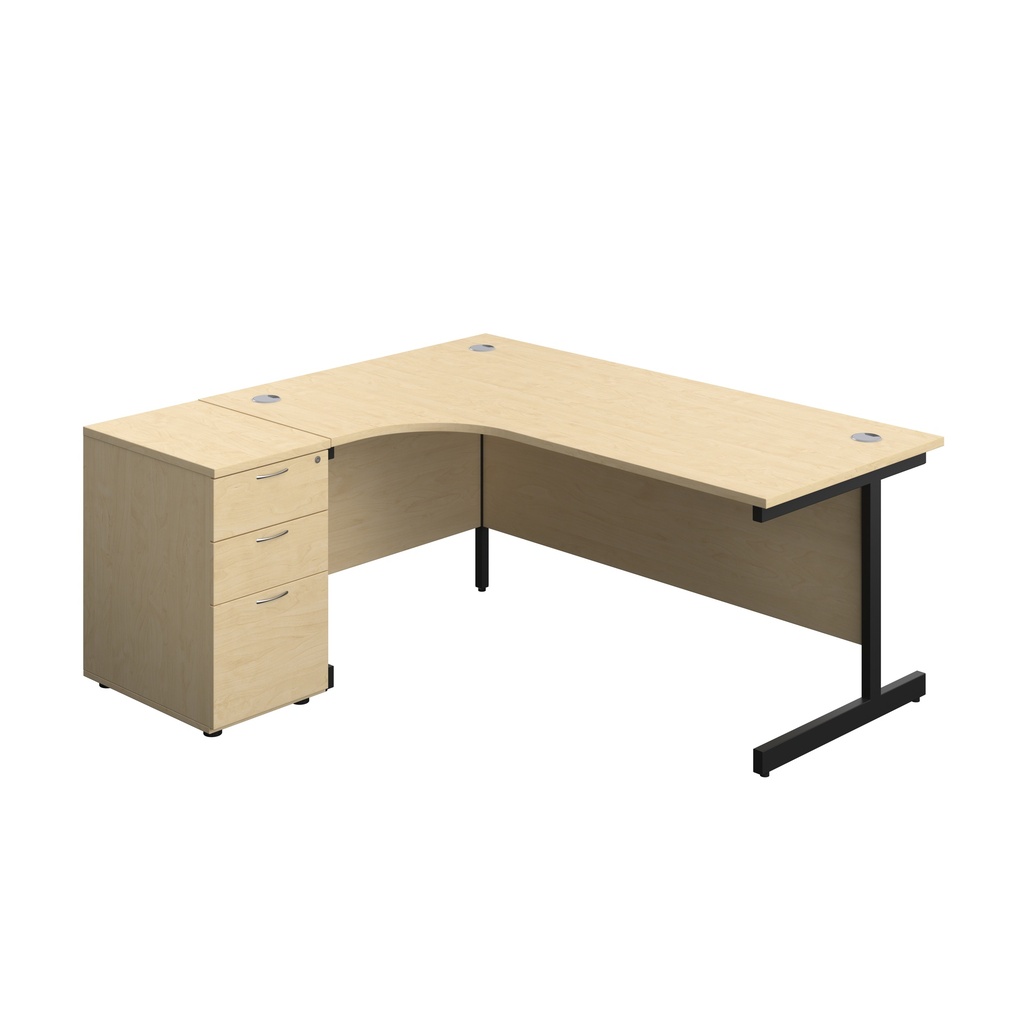 Single Upright Left Hand Radial Desk + Desk High 3 Drawer Pedestal (FSC) | 1800 X 1200 | 600mm Deep Pedestal | Maple/Black