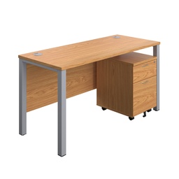 [GPBUN1460M2NOSV] Goal Post Rectangular Desk + 2 Drawer Mobile Pedestal (FSC) | 1400x600 | Nova oak/Silver | 