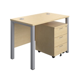 [GPBUN1060M3MASV] Goal Post Rectangular Desk + 3 Drawer Mobile Pedestal (FSC) | 1000x600 | Maple/Silver | 