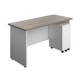 [PAN1460BUNSS3GOWH] Panel Plus Rectangular Desk + 3 Drawer Slimline Steel Pedestal Bundle (FSC) | 1400X600 | Grey Oak/White | 