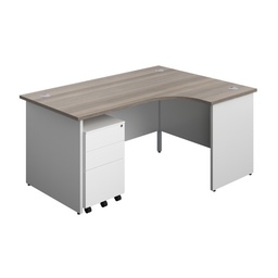 [PAN1612BUNRS3WHGOWH] Panel Plus Right Radial Desk + 3 Drawer Steel Mobile Pedestal Bundle (FSC) | 1600X1200 | Grey Oak/White | 