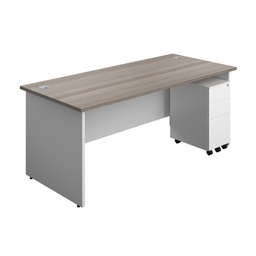 [PAN1880BUNSS3GOWH] Panel Plus Rectangular Desk + 3 Drawer Slimline Steel Pedestal Bundle (FSC) | 1800X800 | Grey Oak/White | 