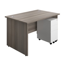 [PAN1280BUNSS3WHGO] Panel Rectangular Desk + 3 Drawer Slimline Steel Pedestal Bundle (FSC) | 1200X800 | Grey Oak/White | 