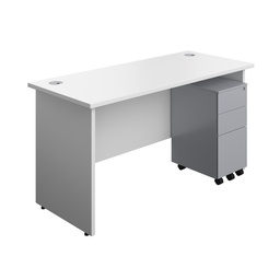 [PAN1460BUNSS3SVWH] Panel Rectangular Desk + 3 Drawer Slimline Steel Pedestal Bundle (FSC) | 1400X600 | White/Silver | 