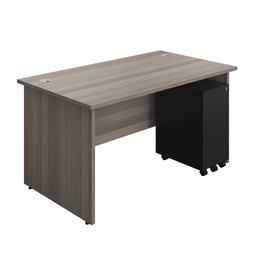 [PAN1480BUNSS3BKGO] Panel Rectangular Desk + 3 Drawer Slimline Steel Pedestal Bundle (FSC) | 1400X800 | Grey Oak/Black | 