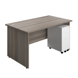 [PAN1480BUNSS3WHGO] Panel Rectangular Desk + 3 Drawer Slimline Steel Pedestal Bundle (FSC) | 1400X800 | Grey Oak/White | 