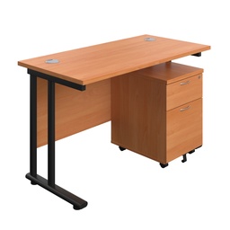 [TWU1260BUNBEBK2] Twin Upright Rectangular Desk + Mobile 2 Drawer Pedestal (FSC) | 1200X600 | Beech/Black | 