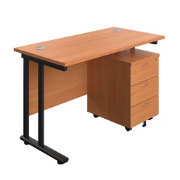 [TWU1260BUNBEBK3] Twin Upright Rectangular Desk + Mobile 3 Drawer Pedestal (FSC) | 1200X600 | Beech/Black | 