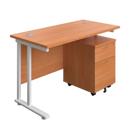 [TWU1260BUNBEWH2] Twin Upright Rectangular Desk + Mobile 2 Drawer Pedestal (FSC) | 1200X600 | Beech/White | 