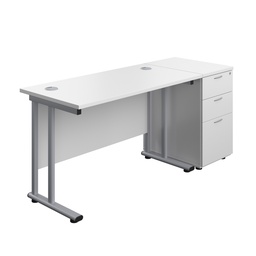 [TWU1260BUNDHWHSV] Twin Upright Rectangular Desk + Desk High 3 Drawer Pedestal (FSC) | 1200X600 | White/Silver | 