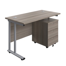 [TWU1260BUNGOSV3] Twin Upright Rectangular Desk + Mobile 3 Drawer Pedestal (FSC) | 1200X600 | Grey Oak/Silver | 