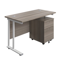 [TWU1260BUNGOWH2] Twin Upright Rectangular Desk + Mobile 2 Drawer Pedestal (FSC) | 1200X600 | Grey Oak/White | 