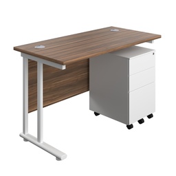 [TWU1260BUNS3DWWH] Twin Upright Rectangular Desk + Under Desk Steel Pedestal 3 Drawers (FSC) | 1200X600 | Dark Walnut/White | 