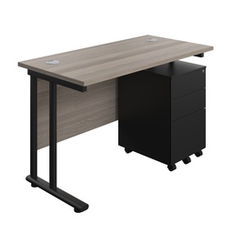 [TWU1260BUNS3GOBK] Twin Upright Rectangular Desk + Under Desk Steel Pedestal 3 Drawers (FSC) | 1200X600 | Grey Oak/Black | 