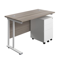 [TWU1260BUNS3GOWH] Twin Upright Rectangular Desk + Under Desk Steel Pedestal 3 Drawers (FSC) | 1200X600 | Grey Oak/White | 