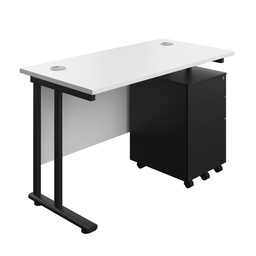 [TWU1260BUNS3WHBK] Twin Upright Rectangular Desk + Under Desk Steel Pedestal 3 Drawers (FSC) | 1200X600 | White/Black | 