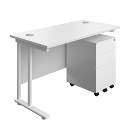 [TWU1260BUNS3WHWH] Twin Upright Rectangular Desk + Under Desk Steel Pedestal 3 Drawers (FSC) | 1200X600 | White/White | 