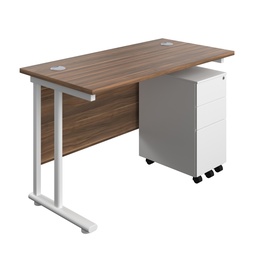 [TWU1260BUNSS3DWWH] Twin Upright Rectangular Desk + Slimline Steel Pedestal 3 Drawers (FSC) | 1200X600 | Dark Walnut/White | 