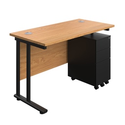 [TWU1260BUNSS3NOBK] Twin Upright Rectangular Desk + Slimline Steel Pedestal 3 Drawers (FSC) | 1200X600 | Nova Oak/Black | 
